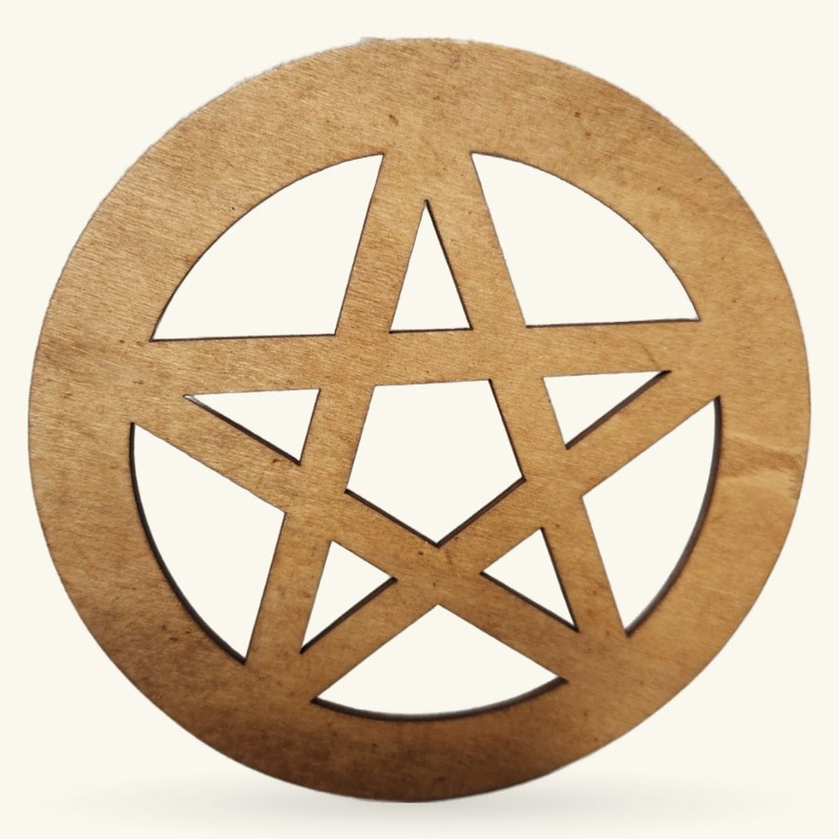 Wooden circular pentagram crystal grid with carved five-pointed star and geometric cutout design