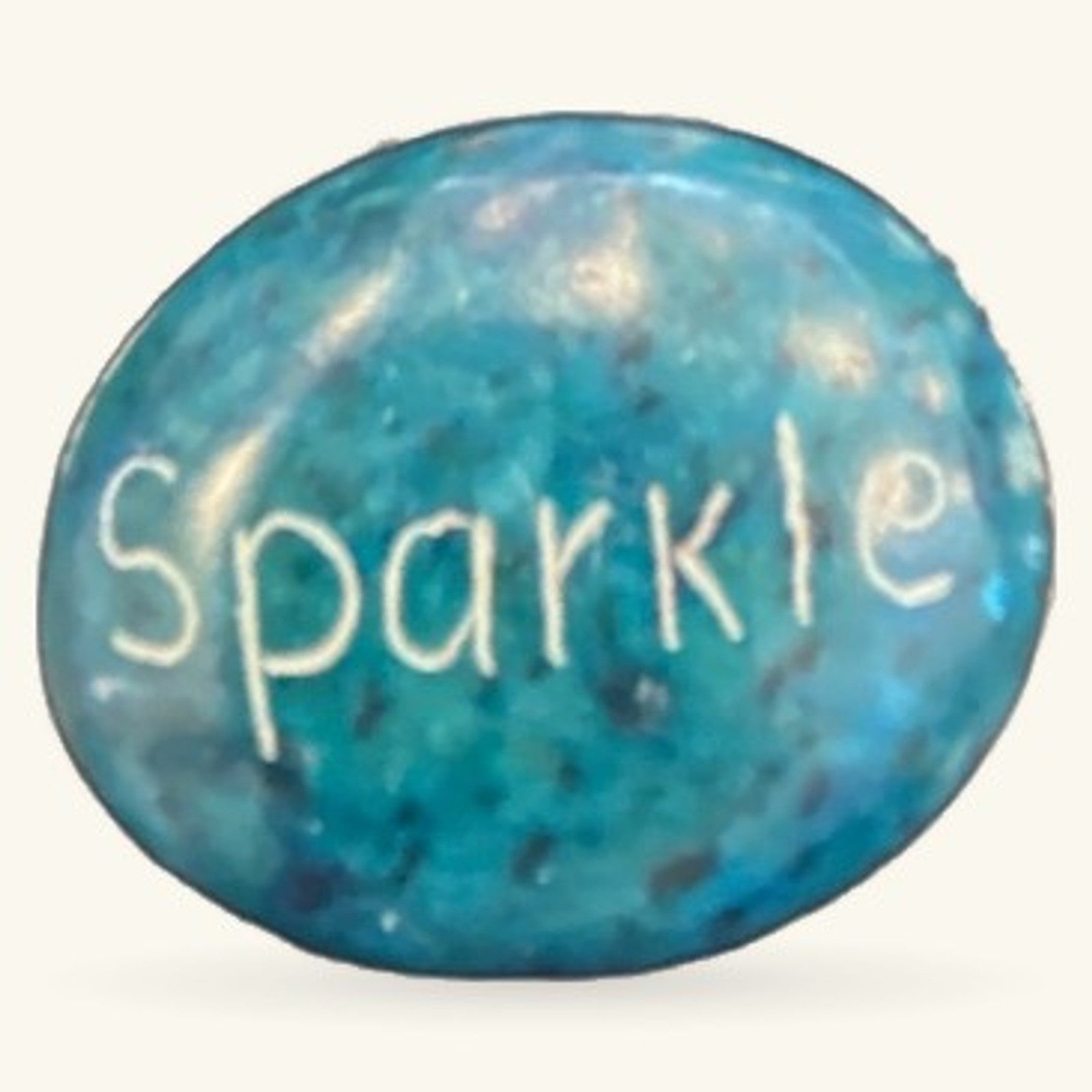 Turquoise sparkle inspirational rock with 'Sparkle' engraved in white text on smooth polished surface