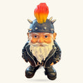 Standing biker gnome figurine with white beard, black leather jacket, spiked helmet with red and yellow flame design
