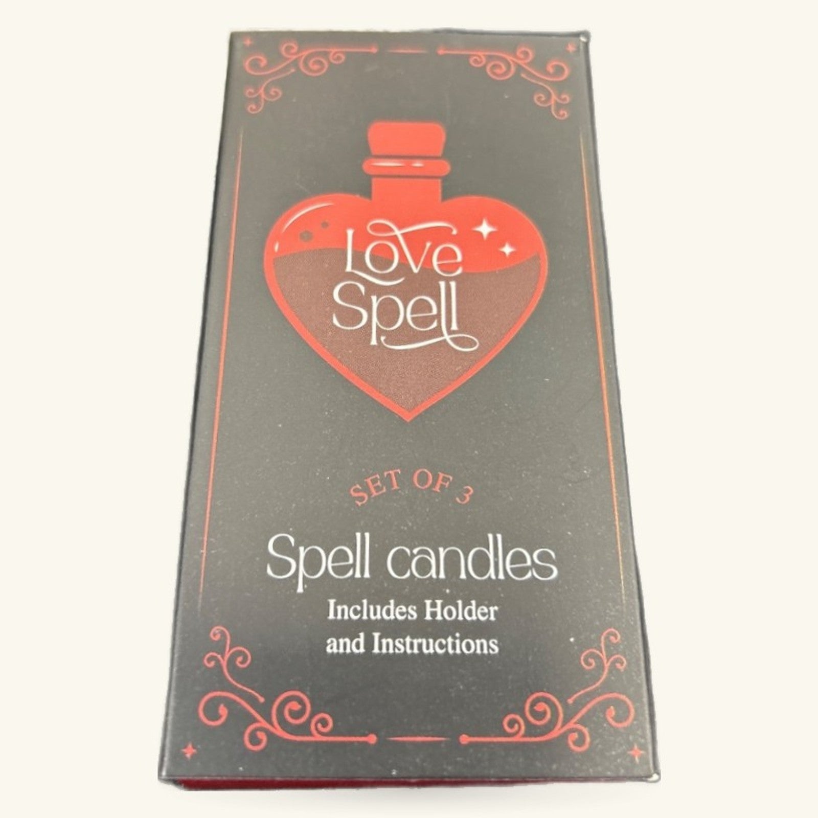 Love Spell set of 3 spell candles in decorative grey box with red heart-shaped potion bottle design
