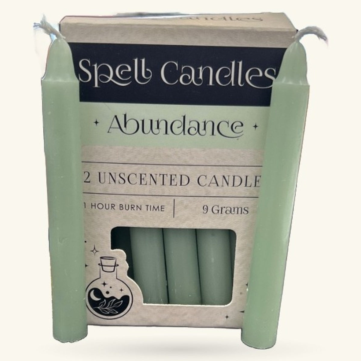 Pack of 2 pale green unscented spell candles with string ties, 9g each