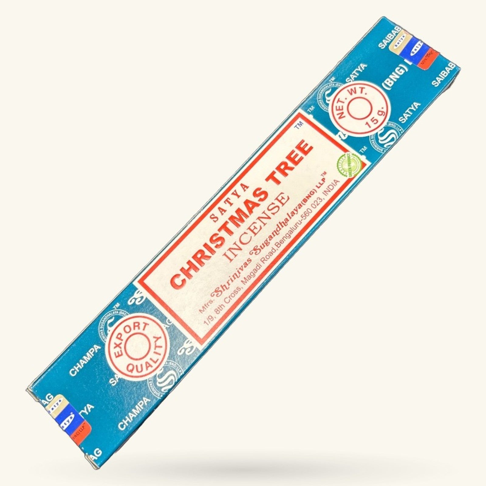 Box of Satya Christmas Tree incense, blue packaging with red and cream label, net weight 1.5g