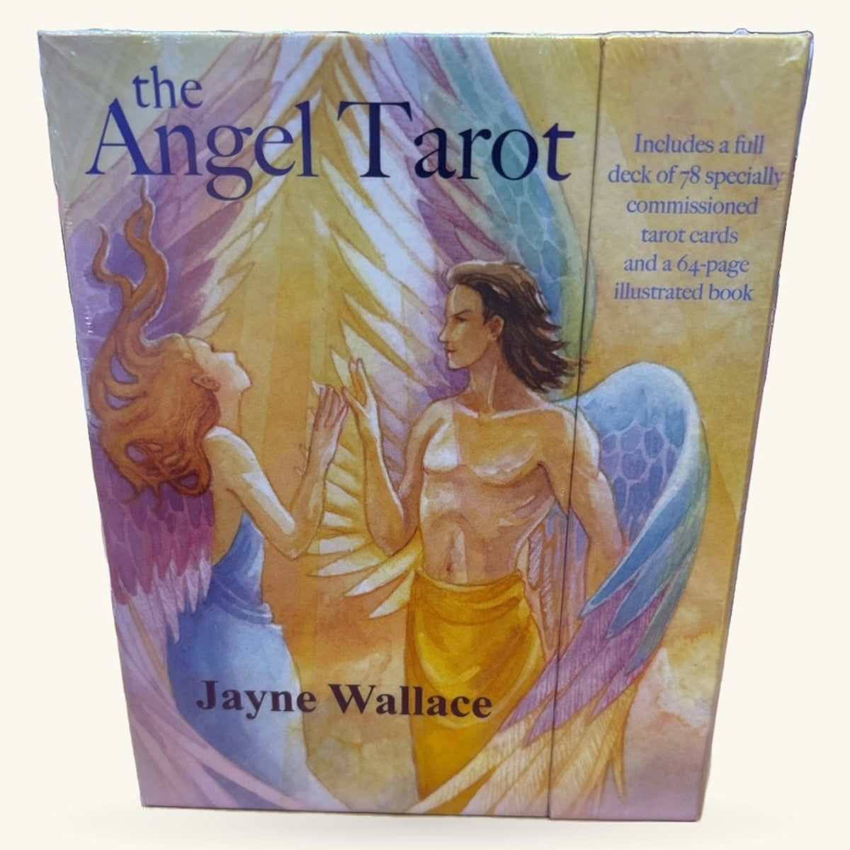 The Angel Tarot box by Jayne Wallace, showing two winged figures with golden and blue tones against a soft watercolour background.
