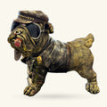 Bronze-finish bulldog figurine, 32cm tall, wearing captain's hat, goggles, leather jacket and chain collar