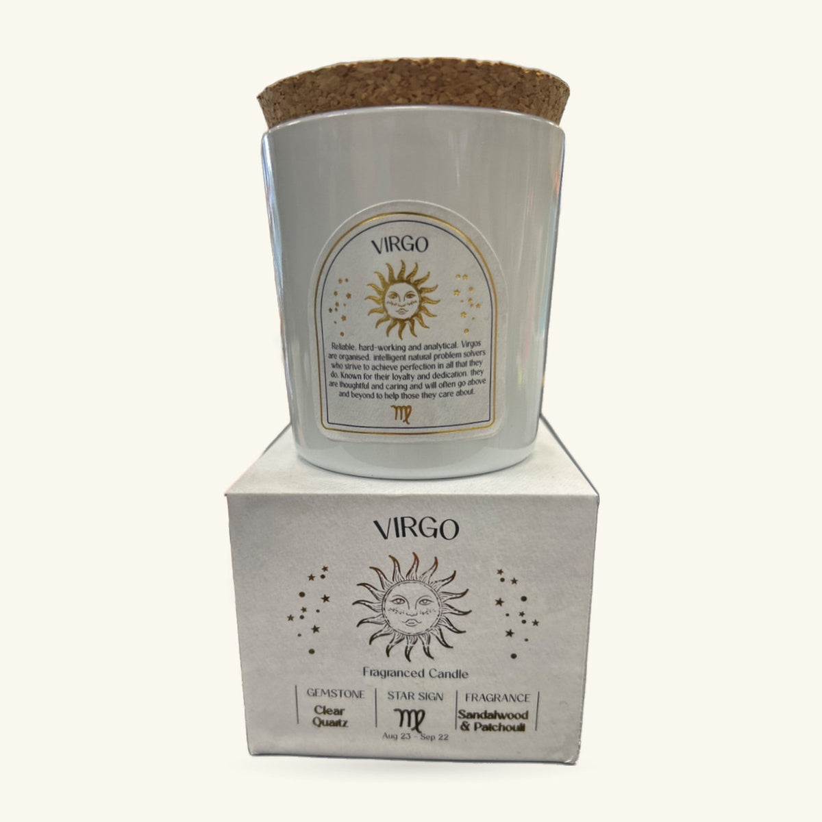 Virgo zodiac candle in white frosted glass with cork lid, displayed with its branded box
