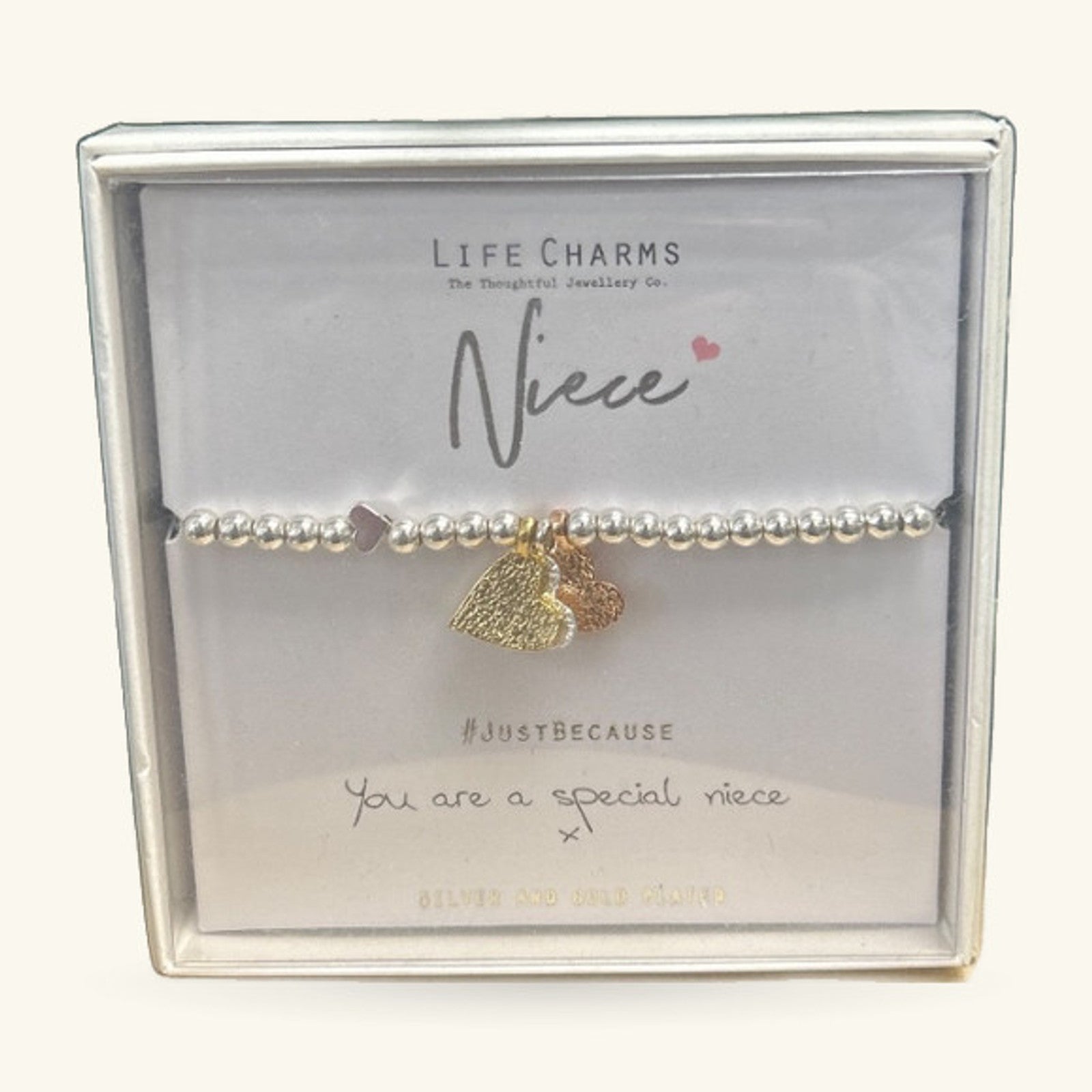 Niece Life Charms bracelet in silver and gold with leaf charms, displayed in branded gift box