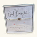 God-Daughter charm bracelet with beaded silver band and small gold heart charm on white gift card