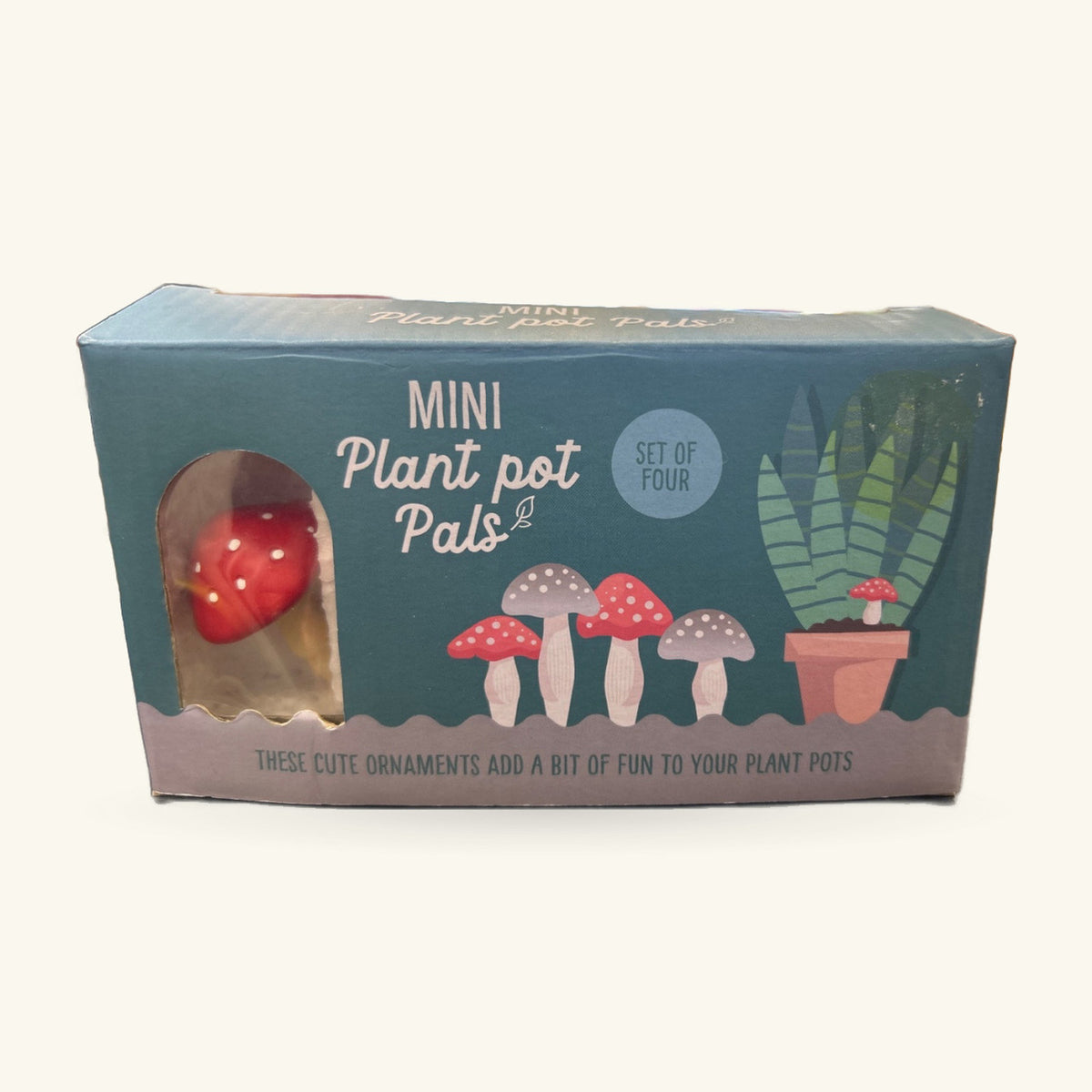 Mini Plant Pot Pals set of four: red mushroom with LED lights, three pale mushrooms, and a potted plant with striped leaves