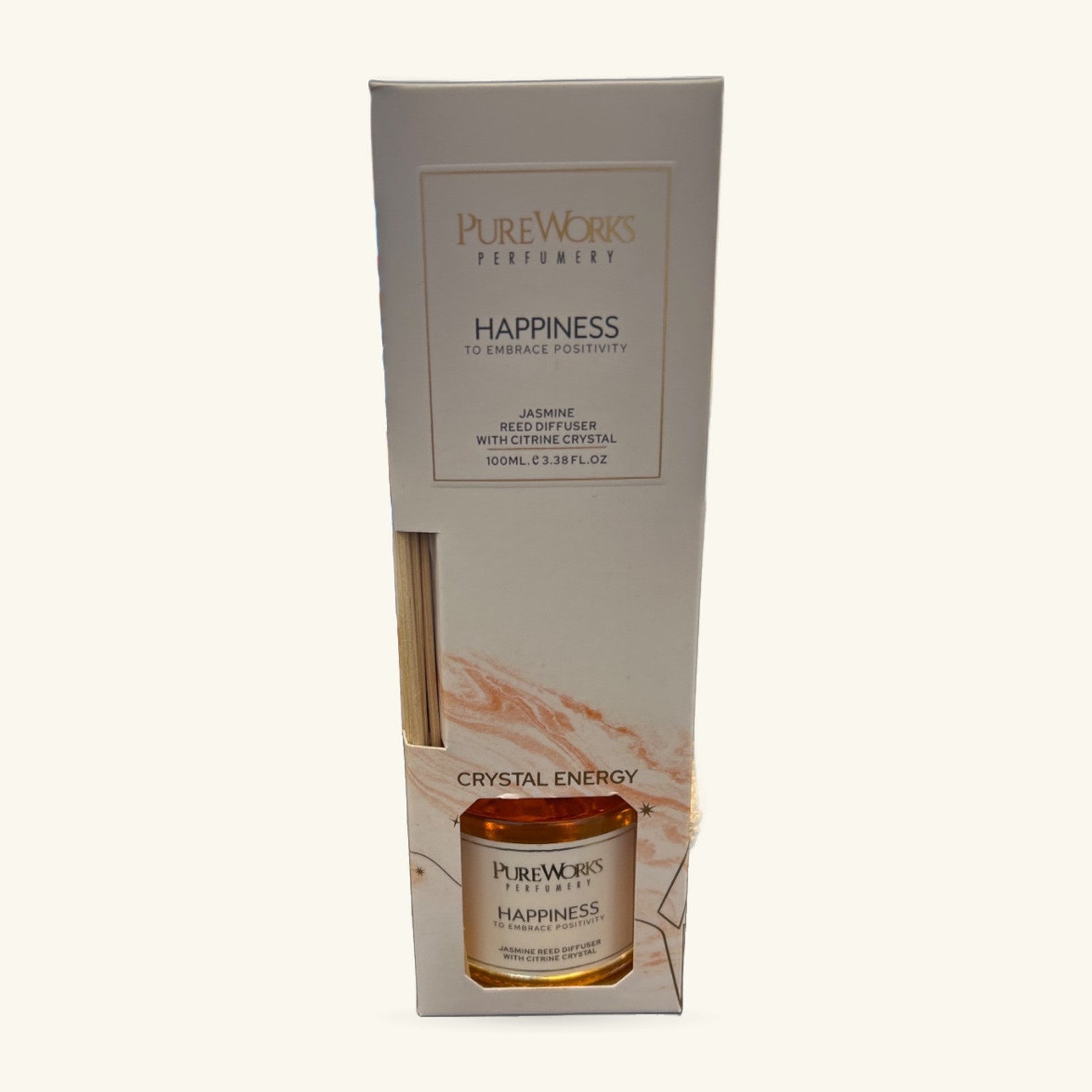 Pureworks Happiness Jasmine reed diffuser with citrine crystal, 100ml amber glass bottle with wooden reeds and cream box packaging