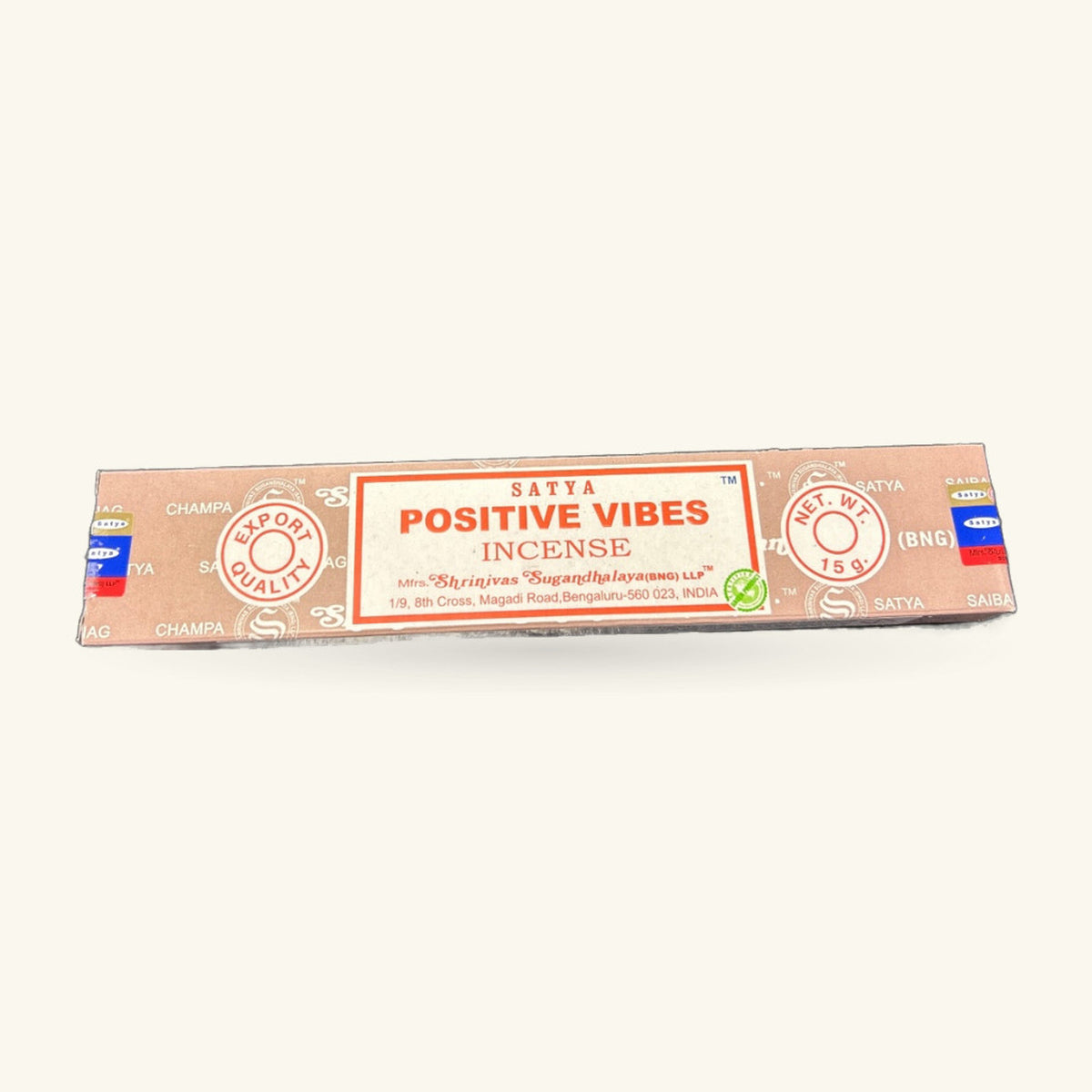 Satya Positive Vibes Incense box, tan cardboard with red and white labelling, 15g
