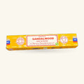 Satya Sandalwood Incense box by Shrinivas Sugandhalaya, yellow packaging with red label, 15g net weight
