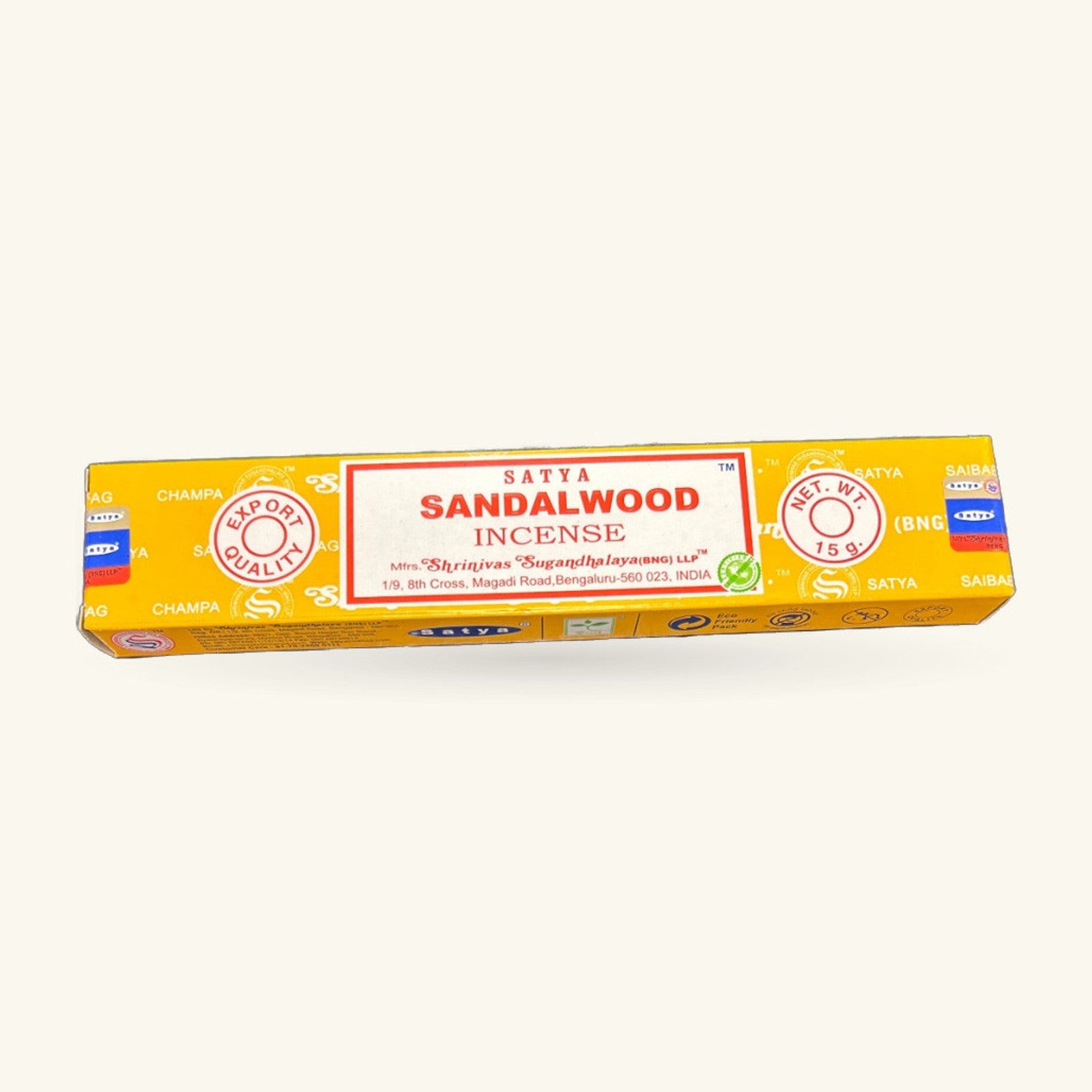 Satya Sandalwood Incense box by Shrinivas Sugandhalaya, yellow packaging with red label, 15g net weight