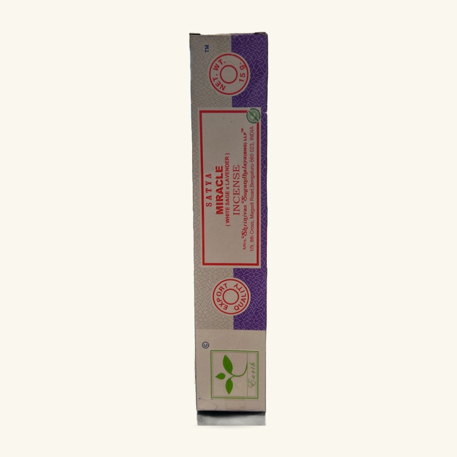 Satya Miracle Lavender and White Sage incense box, cream and purple cardboard packaging with red text.