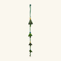 Four fabric tree ornaments in green with gold and blue beads, strung together on a green cord with a loop.
