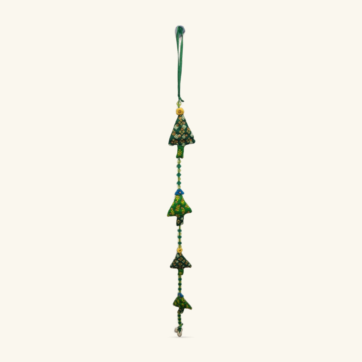 Four fabric tree ornaments in green with gold and blue beads, strung together on a green cord with a loop.