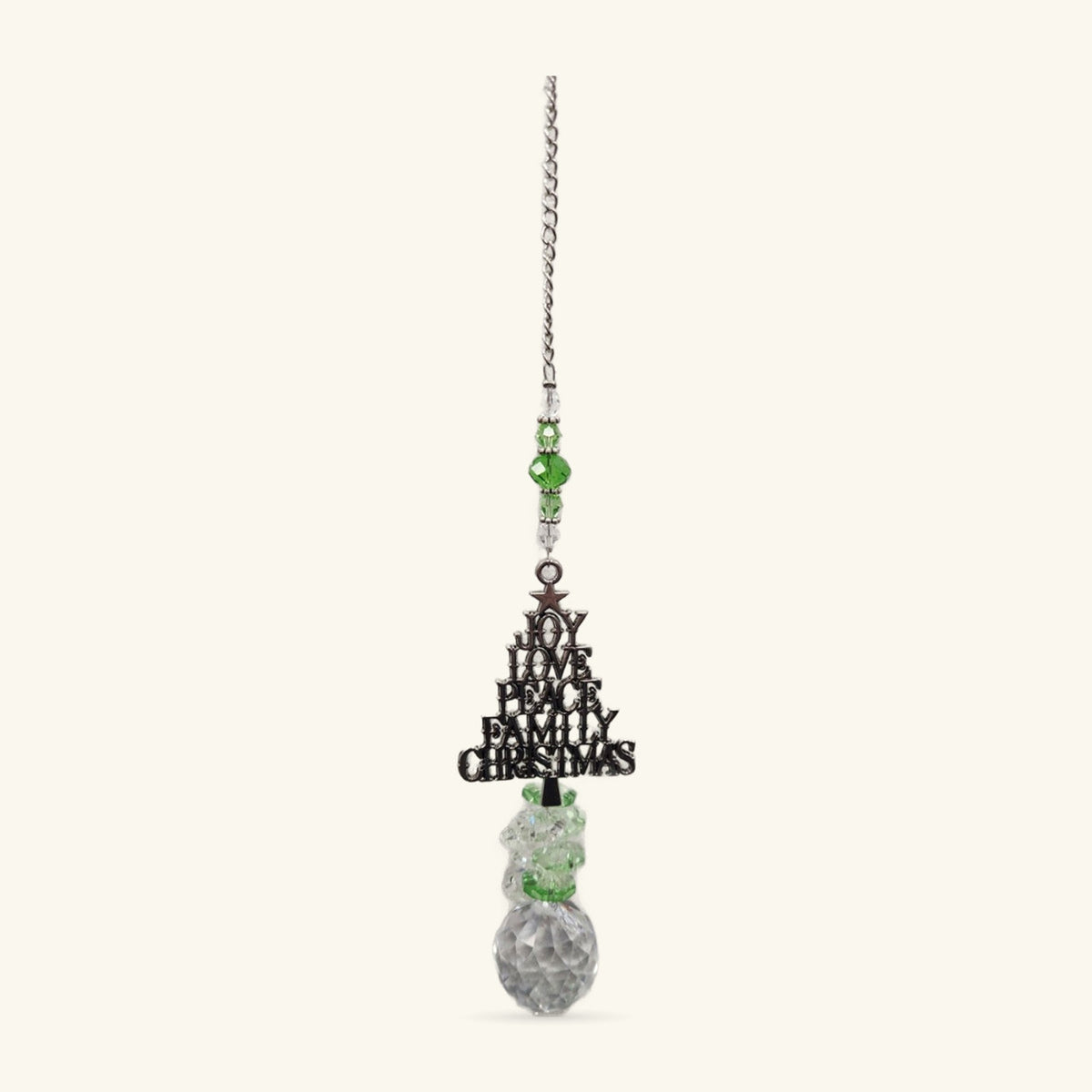 Black metal Christmas tree charm with green beads and faceted crystal ball suncatcher on silver chain
