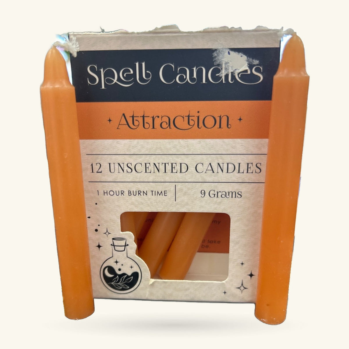 Attraction Spell Candle box with 12 orange unscented candles, 1 hour burn time, 9 grams each