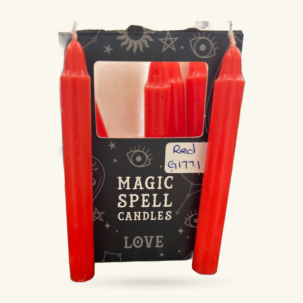 Red Love Spell magic candle set with black packaging and astral symbols, displayed with five tall taper candles