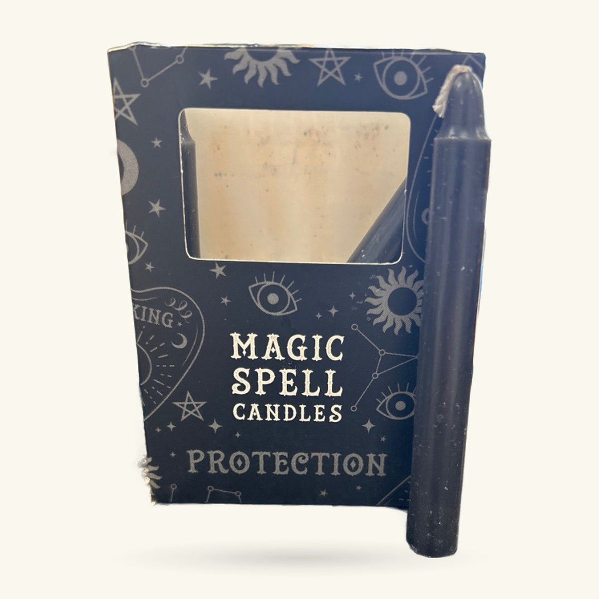 Black Protection Spell Candle box with cream pillar candle and black taper candle inside