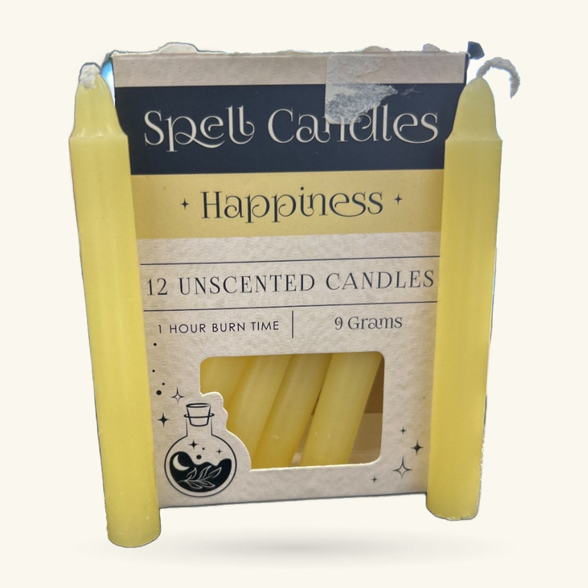 Pack of 12 yellow unscented spell candles labeled Happiness, 9 grams each, 1 hour burn time
