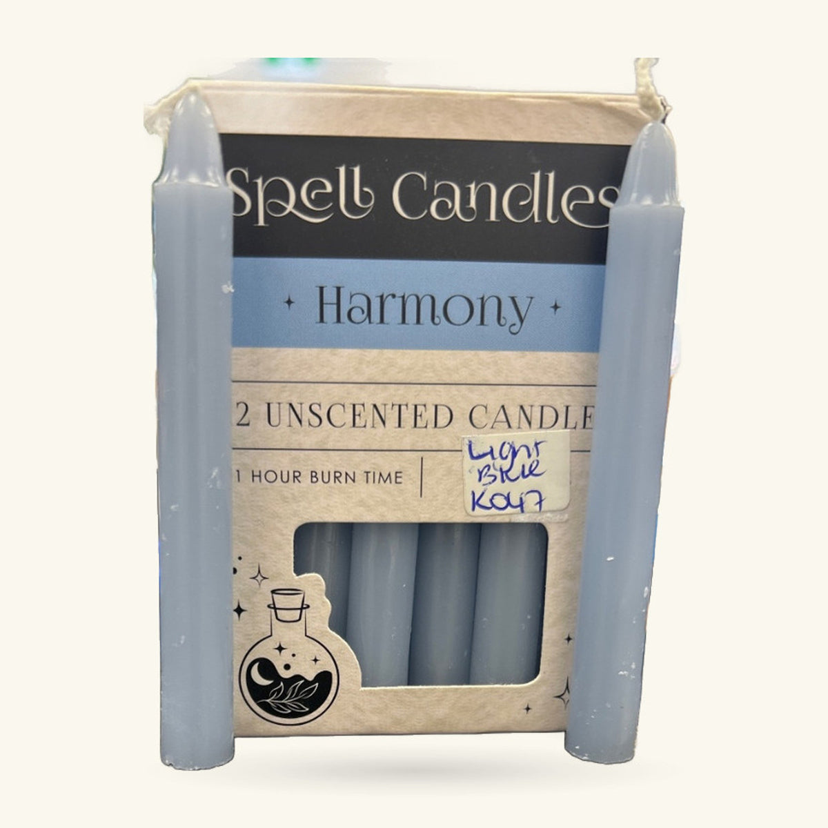 Pack of 2 unscented baby blue spell candles labeled Harmony, 1 hour burn time each