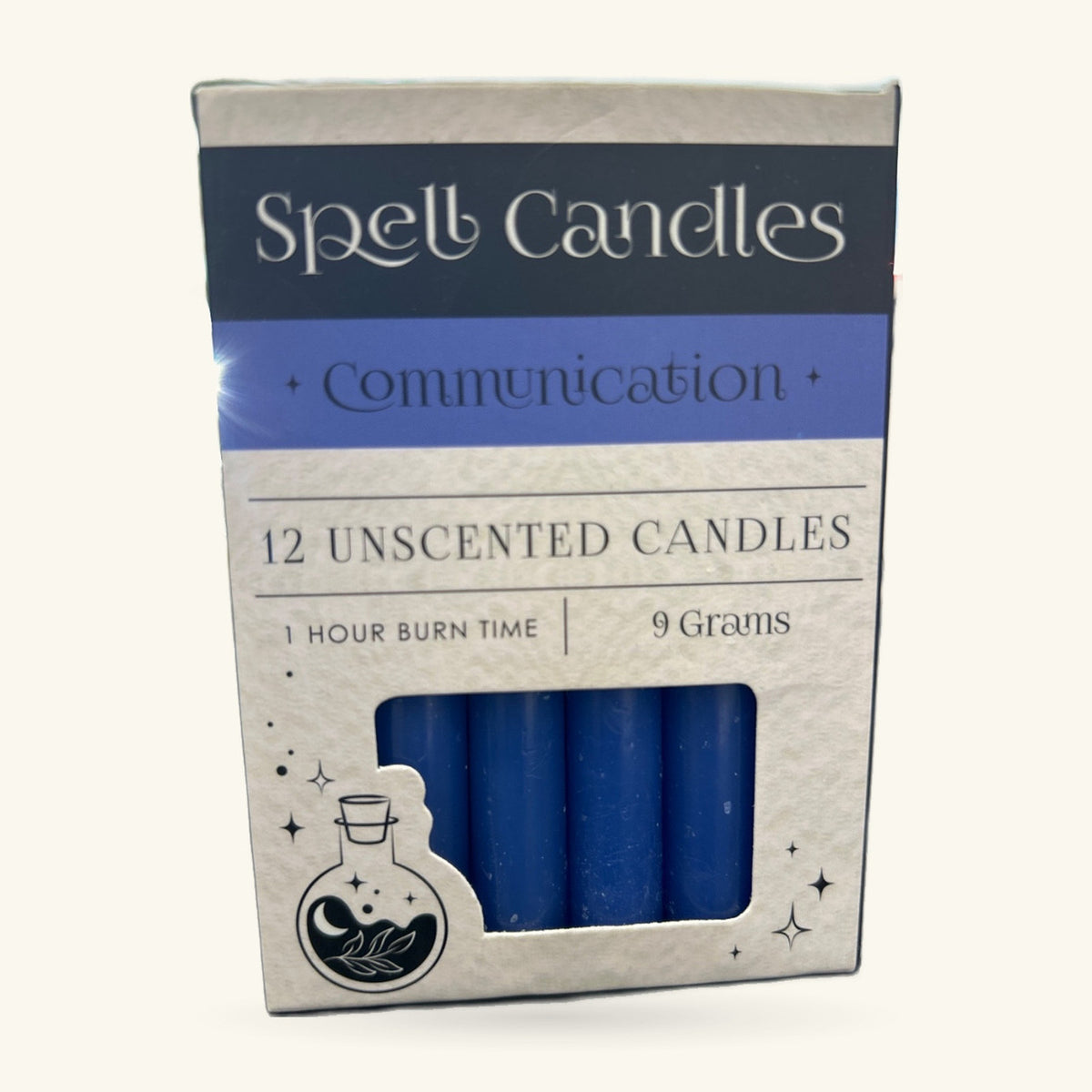 Box of 12 dark blue unscented spell candles labelled Communication, with a potion bottle illustration
