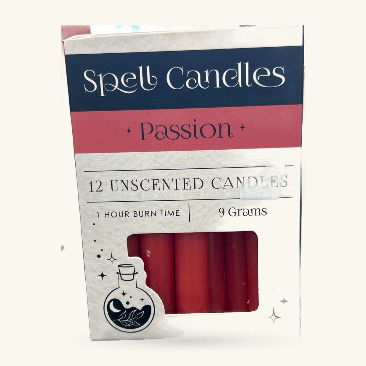 Pack of 12 red unscented spell candles labelled Passion, with potion bottle illustration on cream packaging