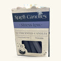 Pack of 12 unscented grey spell candles with navy blue 'Stress Less' branding and potion bottle icon
