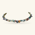 Mixed agate crystal headband with chunky raw stones in blues, reds, greens and golds, brass wire terminals