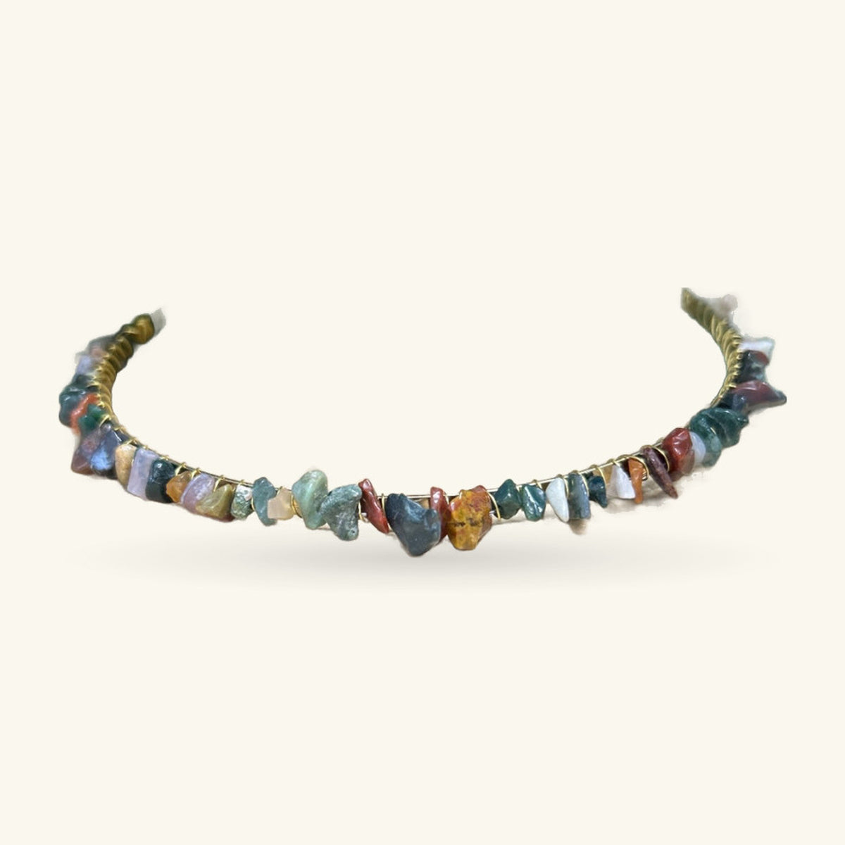 Mixed agate crystal headband with chunky raw stones in blues, reds, greens and golds, brass wire terminals