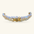 Opalite headband with pale blue beads strung on gold wire, gold pagan charm centerpiece