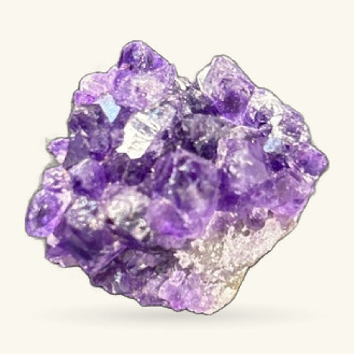 Small amethyst cluster with deep purple and lighter lavender crystals on pale base