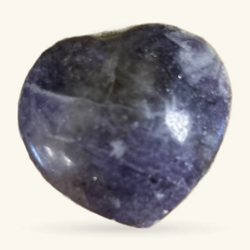 Polished amethyst heart, deep purple with lighter striations, smooth rounded form