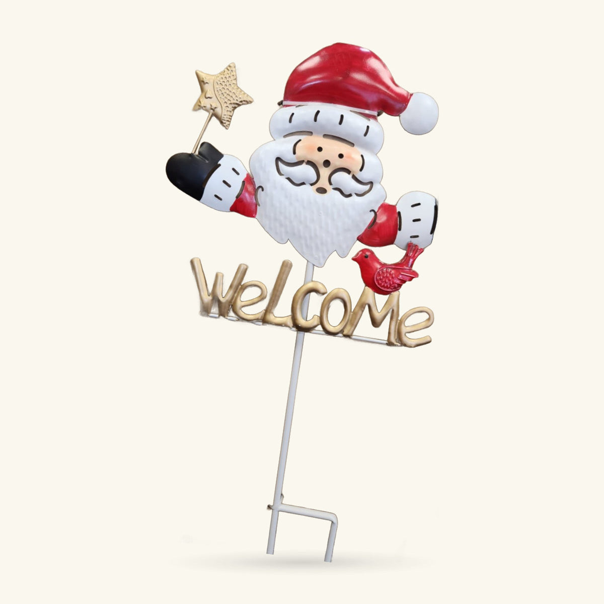 Tin Santa garden sign with red hat, white beard, and gold star wand, holding welcome text on stake