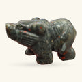 Bloodstone bear carving, dark green stone with red flecks, sitting upright on hind legs