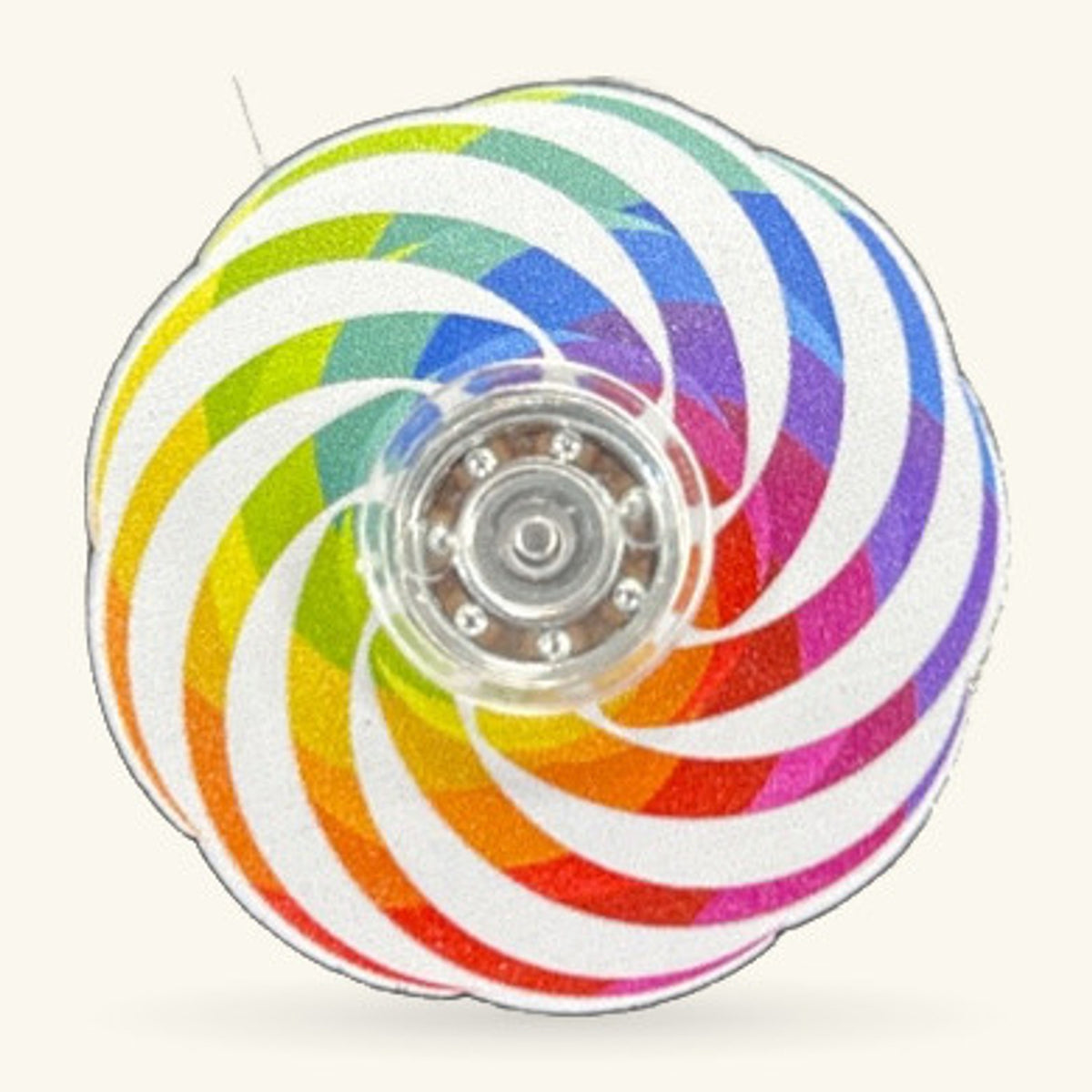 Rainbow White Stripe Fidget Spinner with multicoloured spiral bands radiating from a clear central bearing