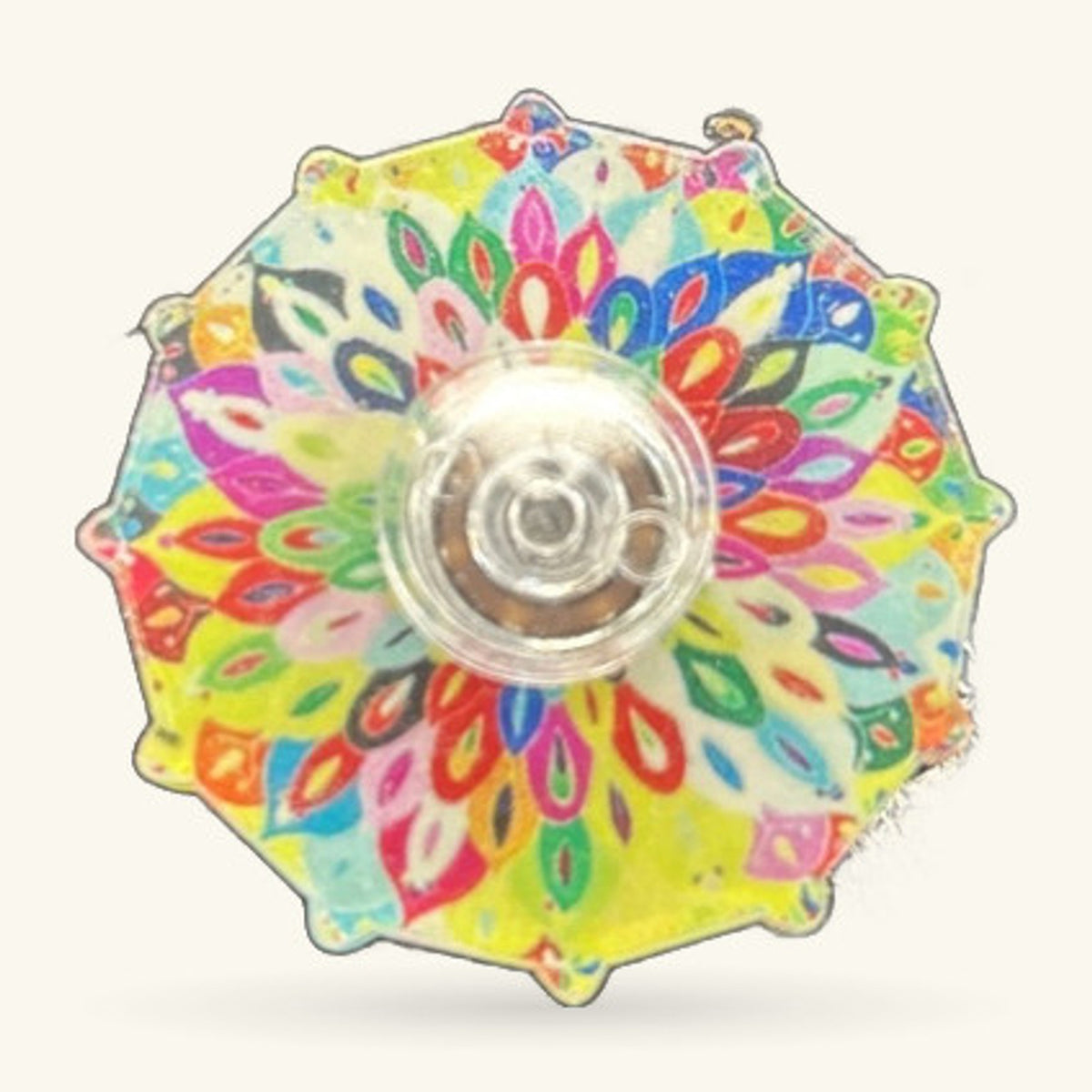 Rainbow mandala fidget spinner with colourful leaf and petal design and silver centre bearing