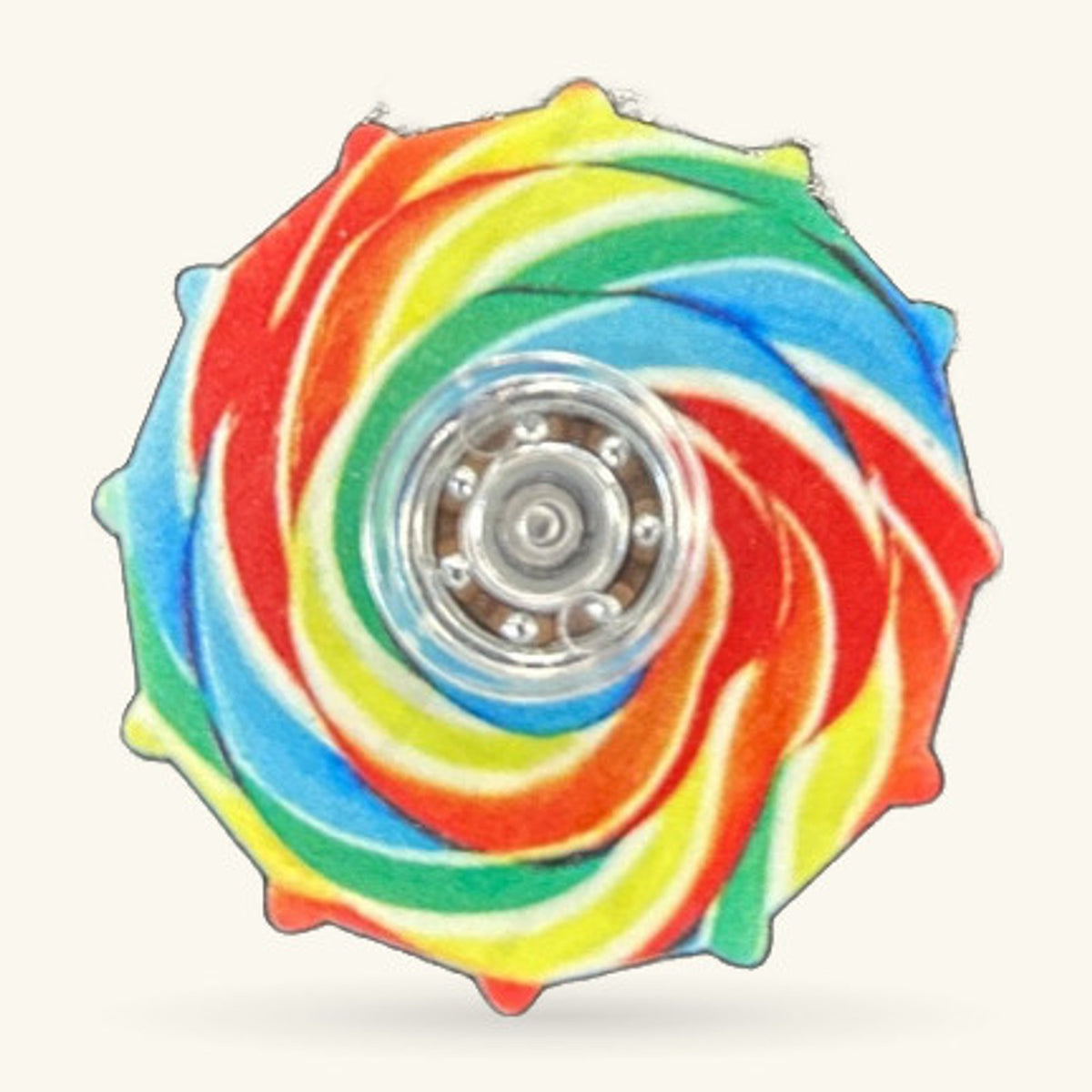 Colourful spiral fidget spinner with rainbow swirl pattern and metallic centre bearing