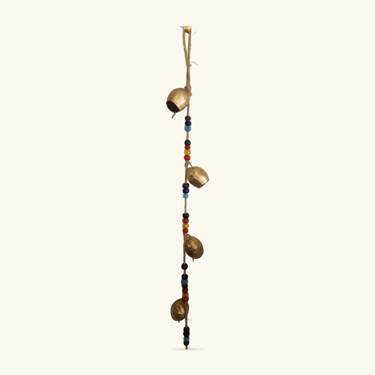 Vertical hanging strand with four gold-coloured iron bells separated by black and coloured glass beads on twine