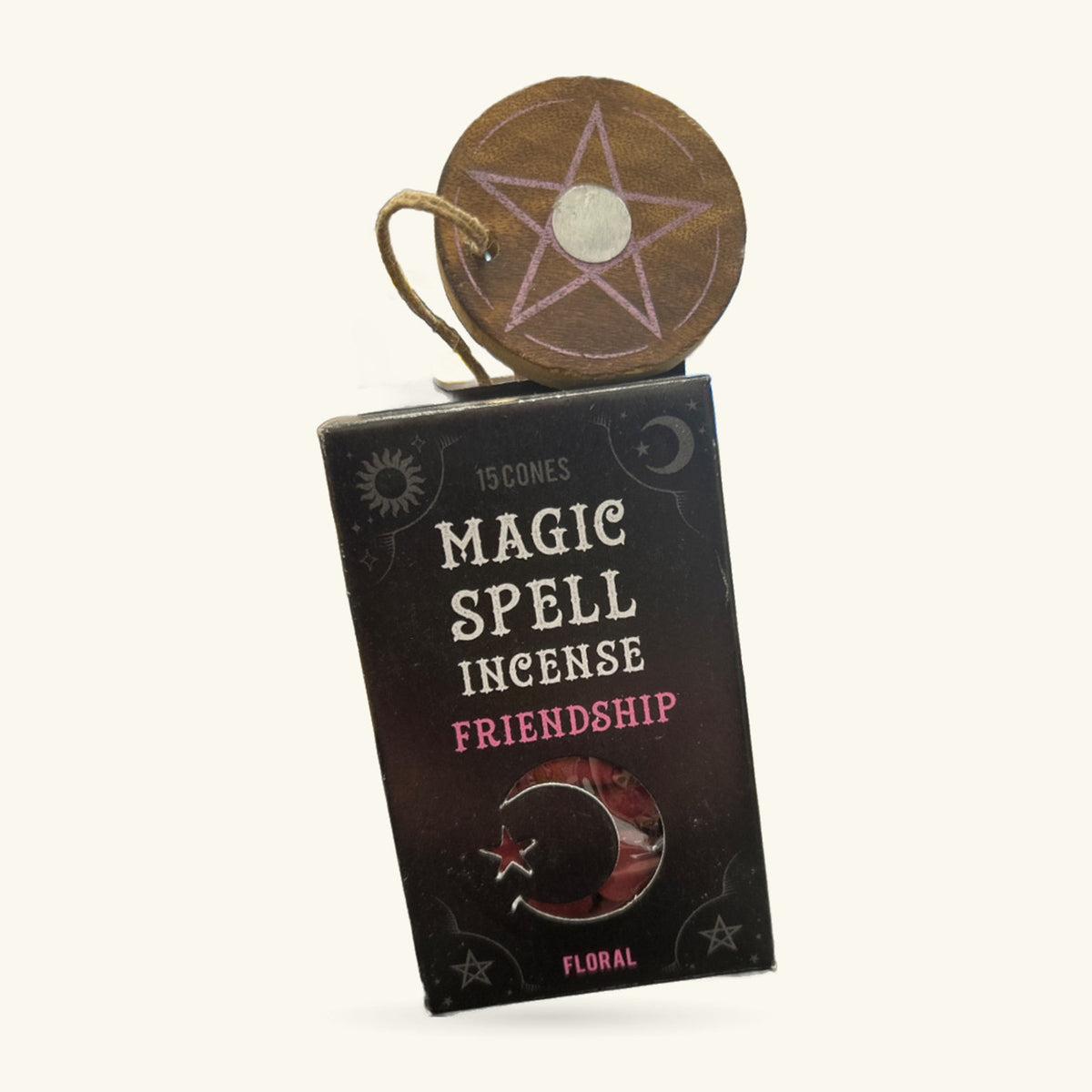 Magic Spell Friendship Incense Cones box with wooden pentacle-marked holder and cord