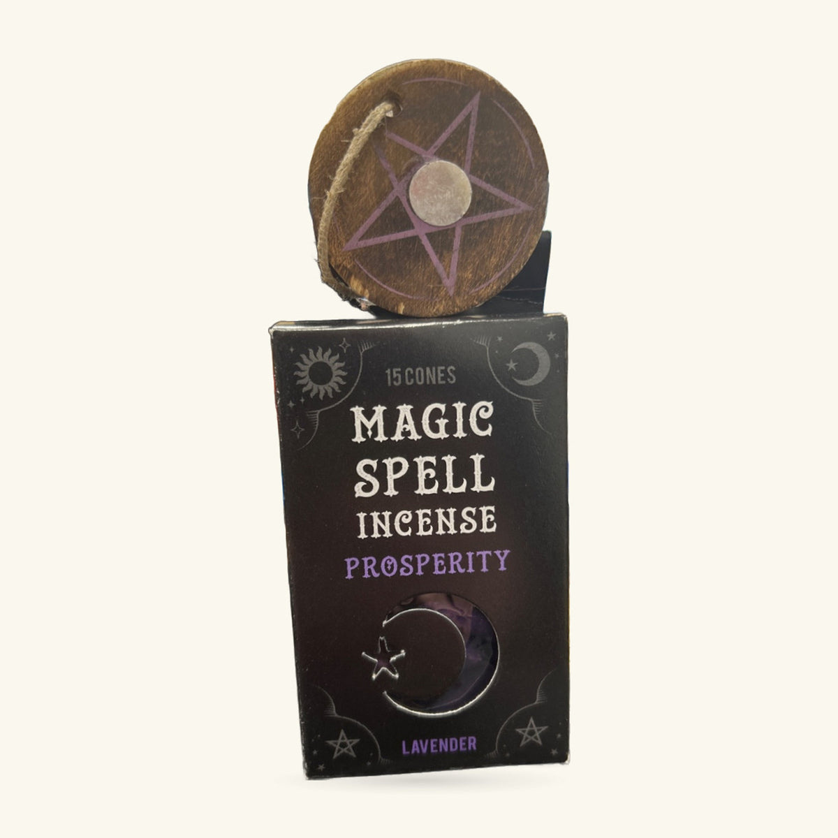Magic Spell Lavender Prosperity Incense Cones box with wooden cone holder featuring purple star design