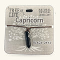 Black onyx point pendant on brown cord with silver tree of life charm, Capricorn zodiac necklace