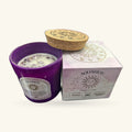 Purple Aquarius candle with cork lid, accompanied by matching gift box and zodiac wheel card