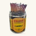 Glass jar of Wild Berry Cherry Shorties incense sticks with yellow label, sticks fanned upward