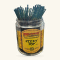 Glass jar of Wild Berry Fizzy Pop incense sticks with yellow and red label, dark sticks bundled upright