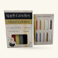 Box of 12 unscented spell candles in mixed colours with a colour meanings reference card