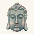 Blue-green Buddha head sculpture with closed eyes, serene expression, and textured curled hair detail on top.