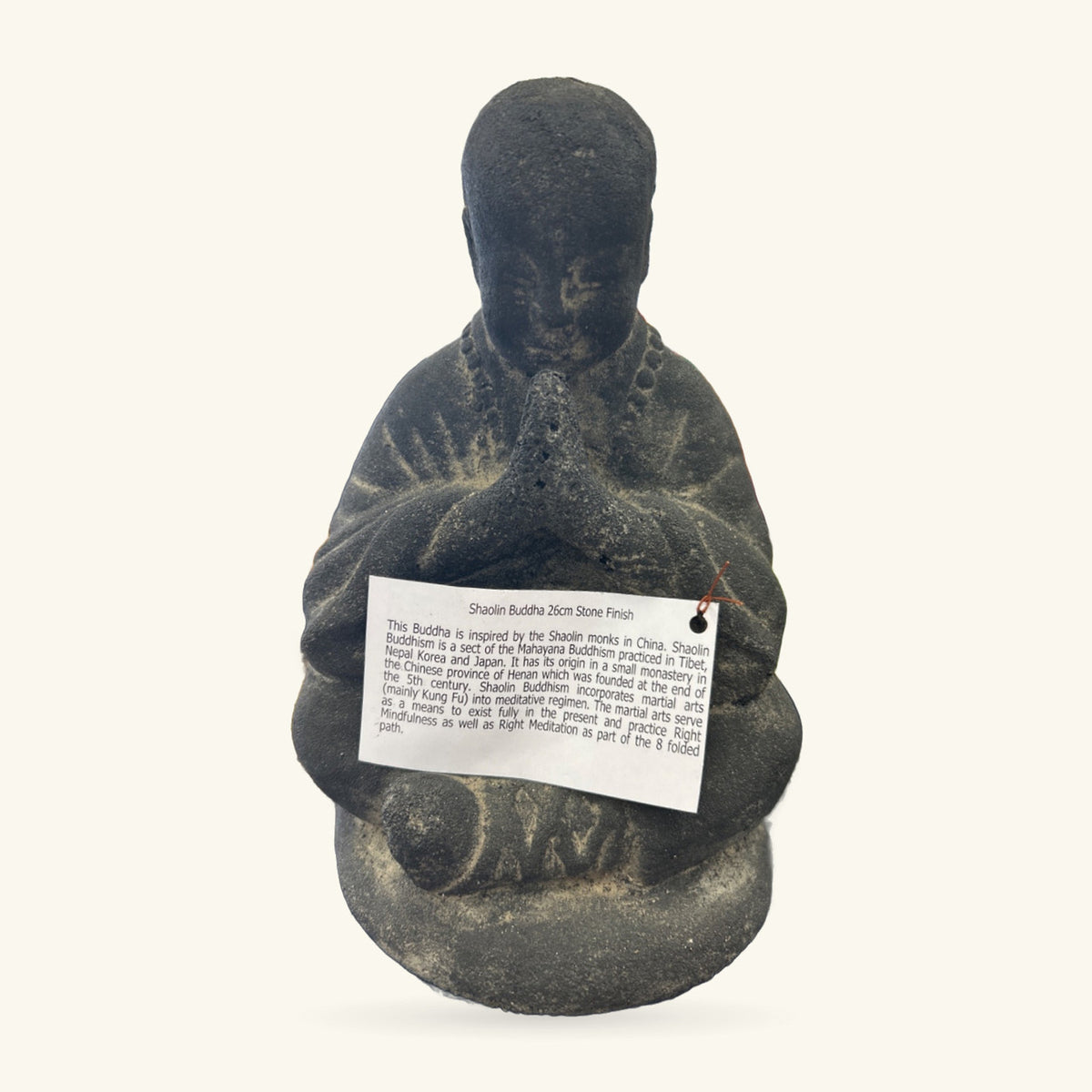 Stone Shaolin Buddha statue, 25cm tall, seated in meditation pose with weathered dark grey finish