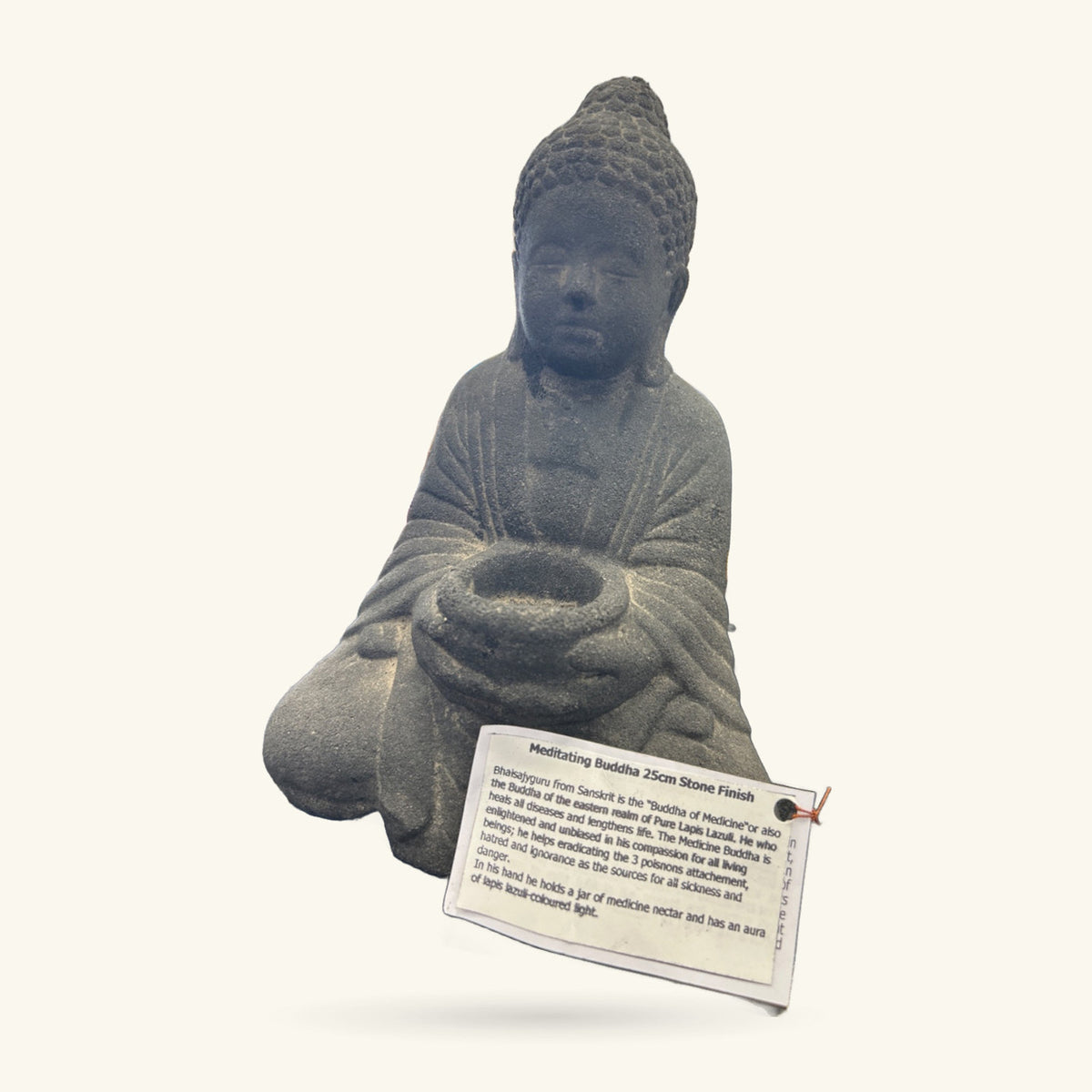 Grey stone Buddha statue, 25cm tall, seated in meditation pose with hands cupped holding offering bowl