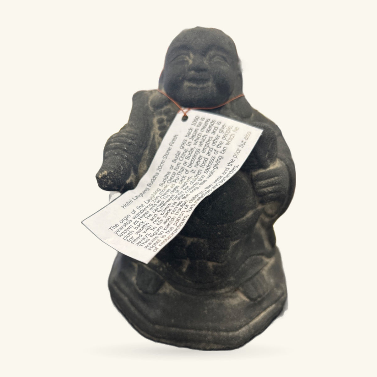 Black stone Hotei laughing Buddha statue, 20cm tall, holding a scroll with text